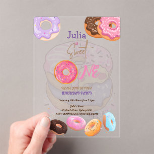 Sweet One Donut birthday pink Acrylic Invitations