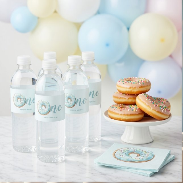 Sweet One Donut Birthday  Water Bottle Label (Creator Uploaded)