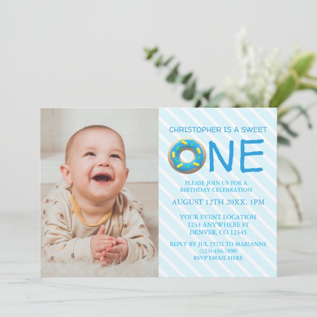 Sweet One Donut Boy 1st Birthday Photo Invitation (Standing Front)
