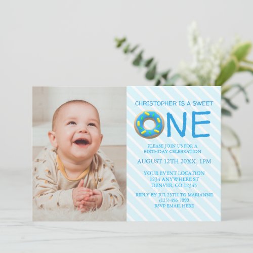 Sweet One Donut Boy 1st Birthday Photo Invitation