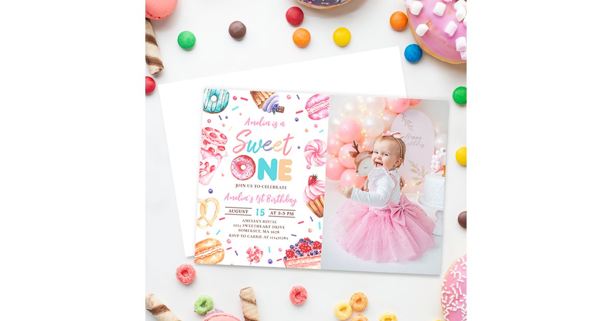 Sweet One Donut Candy 1st Birthday Photo Invitation | Zazzle