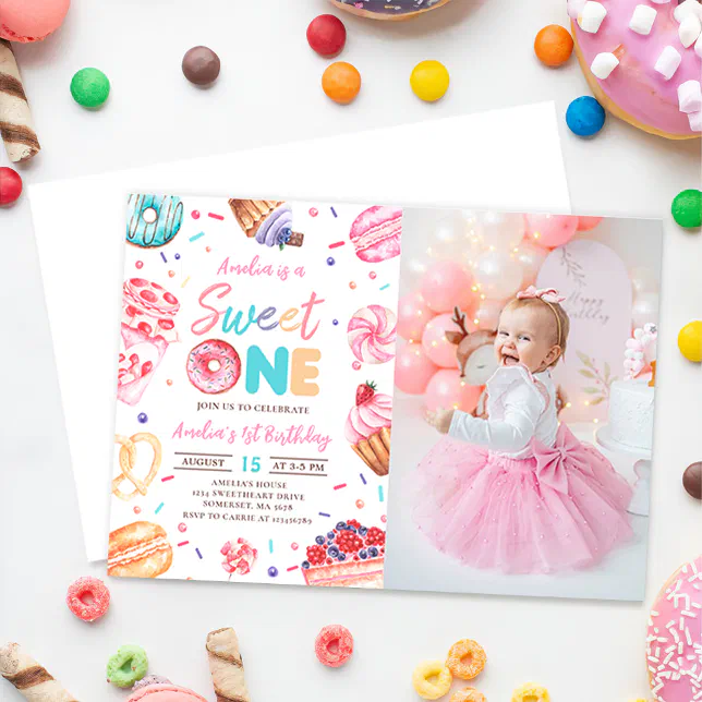 Sweet One Donut Candy 1st Birthday Photo Invitation | Zazzle