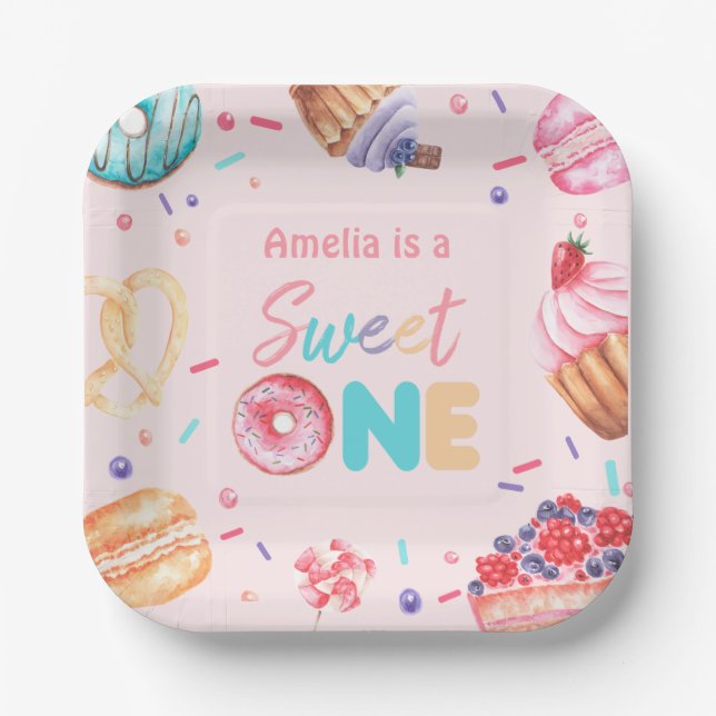 Sweet One Donut Candy Birthday Paper Plates (Front)