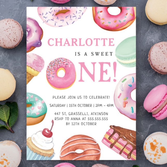Sweet One Donut Dessert 1st First Birthday Party Invitation (Creator Uploaded)