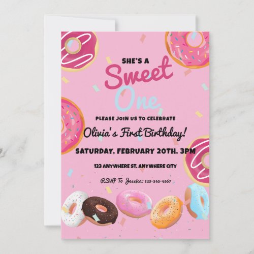 Sweet One Donut First Birthday Party Invitation