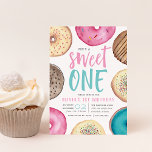 Sweet One | Donut First Birthday Party Invitation<br><div class="desc">Cute first birthday party invitations feature "she's a sweet one" in the center with your party details beneath,  surrounded by watercolor donut illustrations in neutrals,  pink,  and aqua.</div>