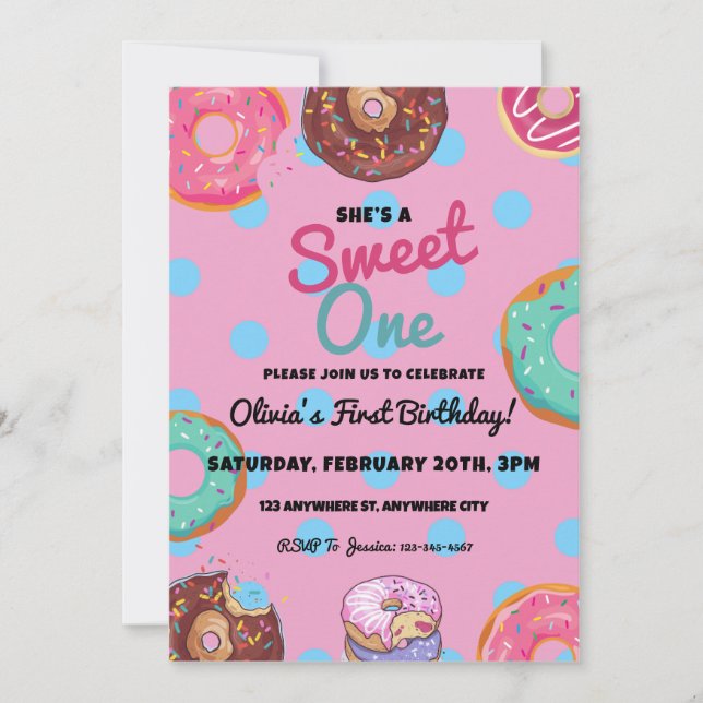 Sweet One Donut First Birthday Party Invitation (Front)