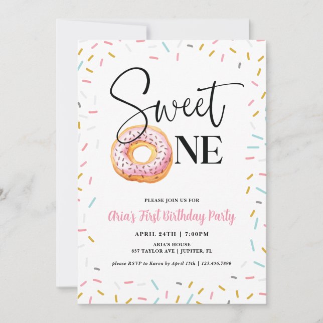 Sweet One Donut First Birthday Party Invitation (Front)