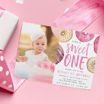 Sweet One | Donut First Birthday Party Photo Invitation<br><div class="desc">Cute first birthday party invitations feature "she's a sweet one" in the center with your party details beneath,  surrounded by watercolor donut illustrations in shades of pink. Add a photo of the birthday girl to complete this sweet and whimsical design.</div>