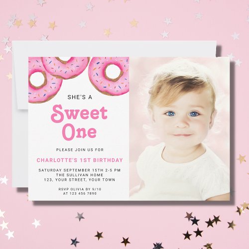 Sweet One Donut First Birthday Party Photo  Invitation