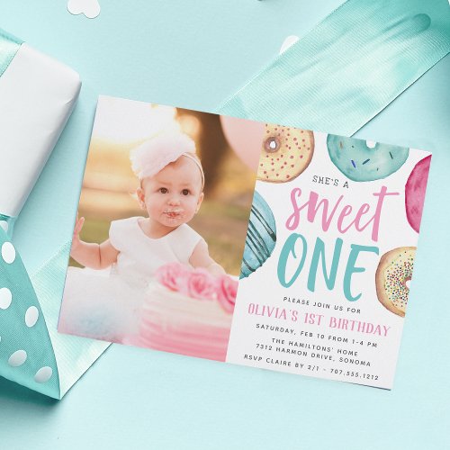 Sweet One  Donut First Birthday Party Photo Invitation