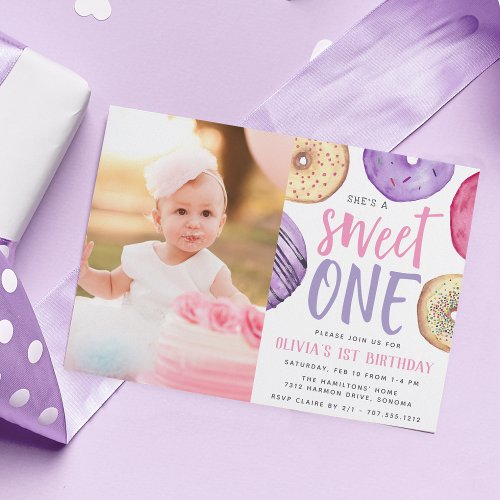 Sweet One  Donut First Birthday Party Photo Invitation
