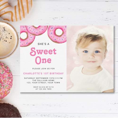 Sweet One Donut First Birthday Party Photo  Invitation