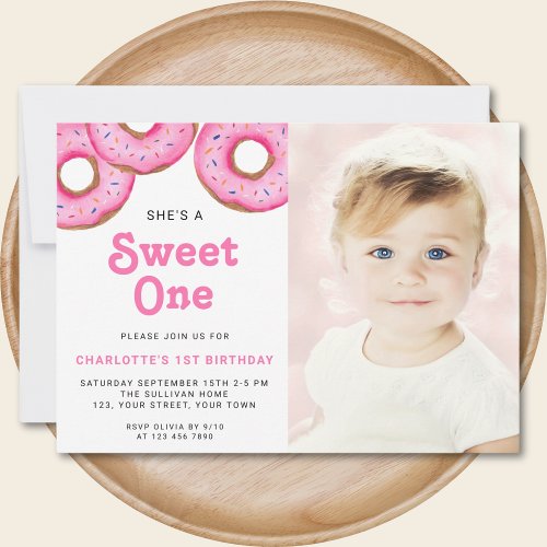 Sweet One Donut First Birthday Party Photo  Invitation