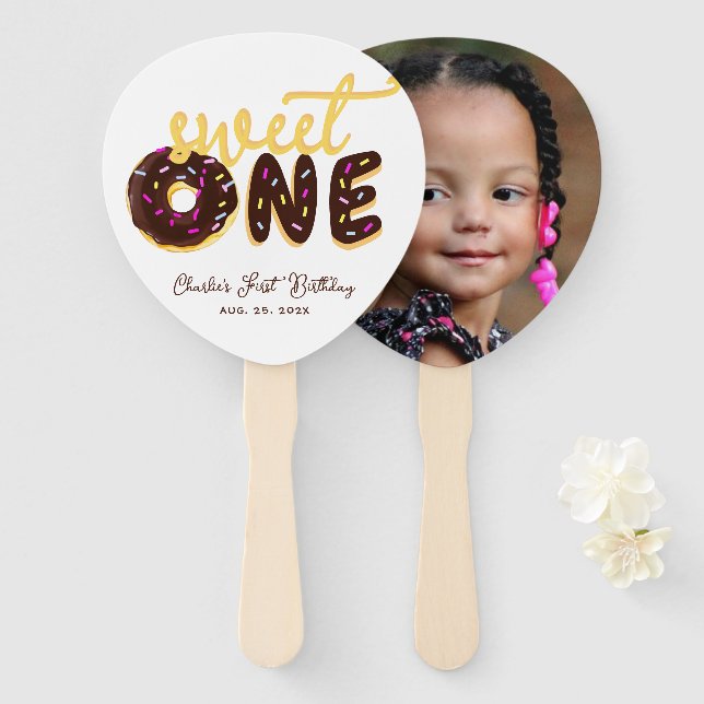 Sweet One Donut First Birthday Photo Chocolate Hand Fan (Front and Back)