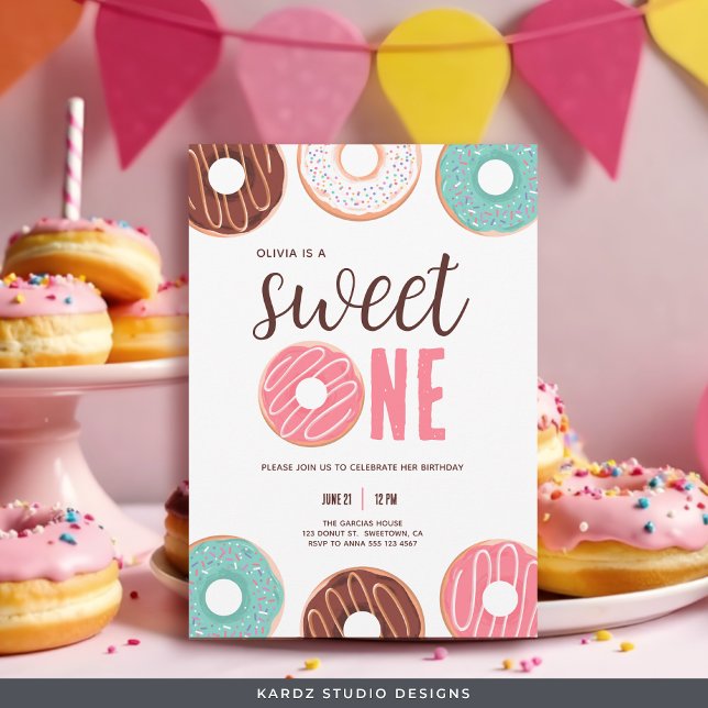 Sweet One Donut Girl 1st Birthday Invitation (Invite shown in 5 x 7 in. with square corners, personalize and choose style and paper before buying.)