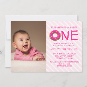 Sweet One Donut Girl 1st Birthday Photo Invitation