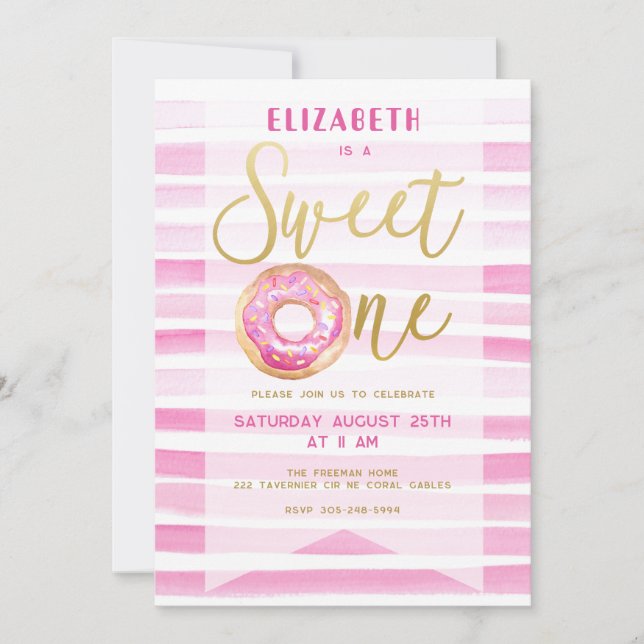 Sweet One Donut Girl Birthday Pink Stripes Invitation (Front)