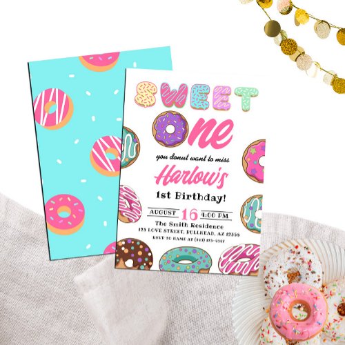 Sweet One Donut Girls 1st Birthday Invitation