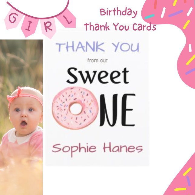 Sweet One Donut Girl's 1st Birthday Thank You Card (Creator Uploaded)