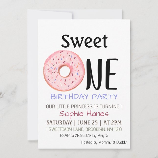 Sweet One Donut Girl's First Birthday Party Invite (Front)