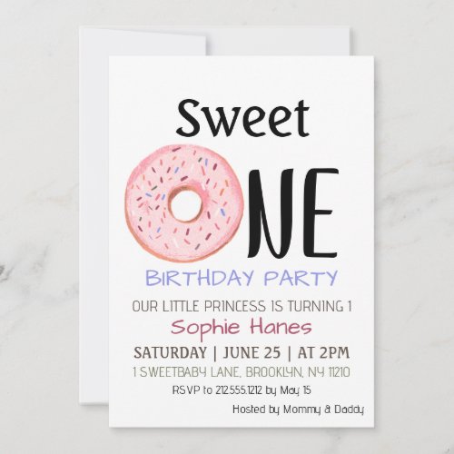Sweet One Donut Girls First Birthday Party Invite