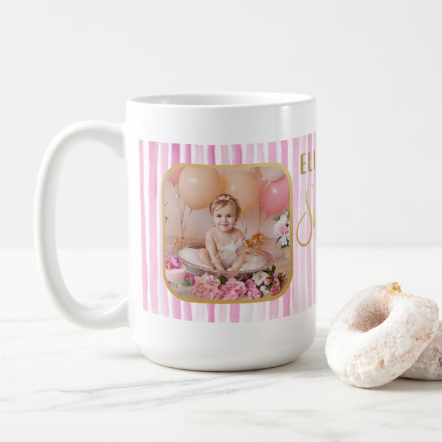 Sweet One Donut Photo 1st Birthday Keepsake Coffee Mug (With Donut)