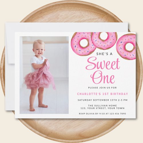 Sweet One Donut  Photo First Birthday Party Invitation