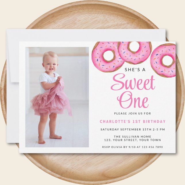 Sweet One Donut  Photo First Birthday Party Invitation (Creator Uploaded)