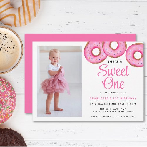 Sweet One Donut  Photo First Birthday Party Invitation
