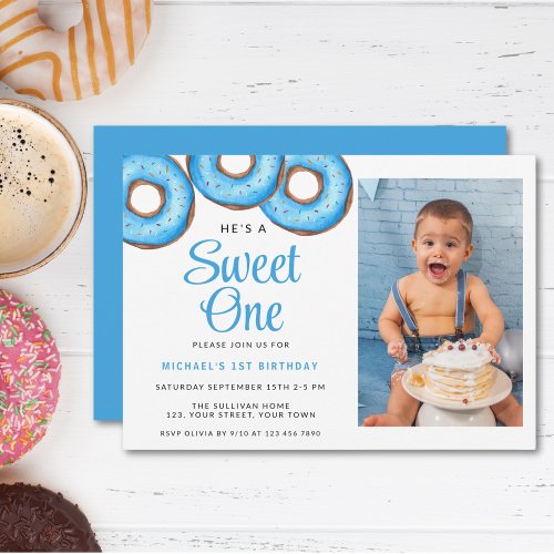 Sweet One Donut Photo First Birthday Party Invitation