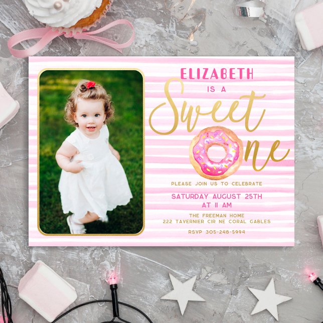 Sweet One Donut Photo Girl 1st Birthday Invitation (Creator Uploaded)