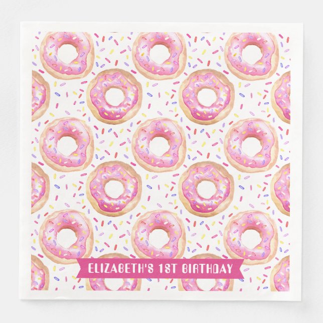 Sweet One Donut Pink 1st Birthday Party Paper Dinner Napkins (Front)