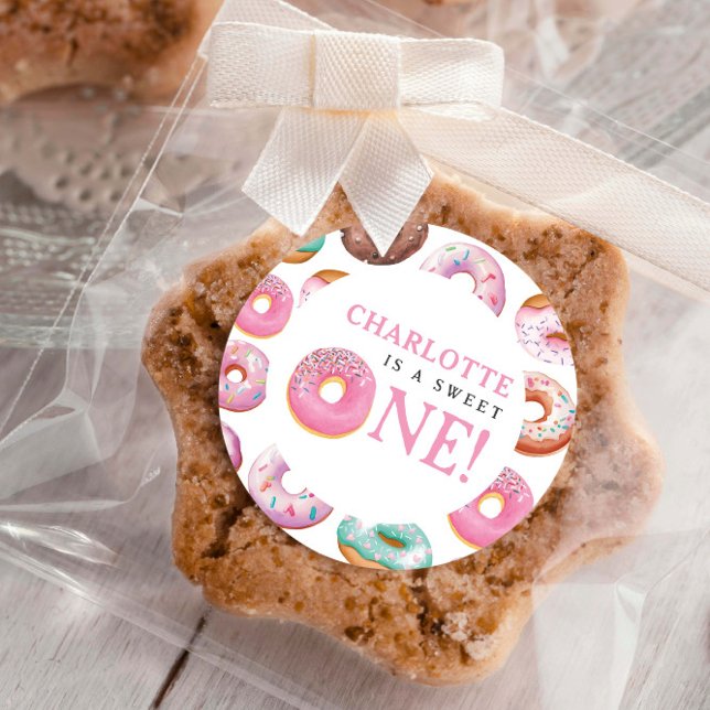 Sweet One Donut Pink 1st First Birthday Party Classic Round Sticker (Creator Uploaded)