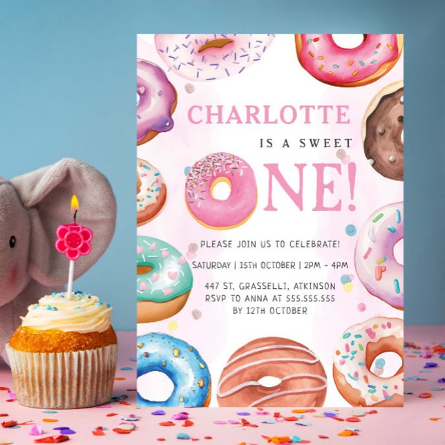 Sweet One Donut Pink 1st First Birthday Party Invitation (Creator Uploaded)
