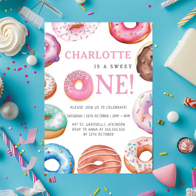 Sweet One Donut Pink 1st First Birthday Party Invitation (Creator Uploaded)