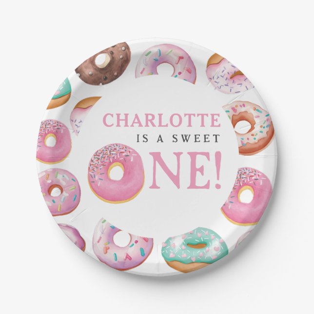 Sweet One Donut Pink 1st First Birthday Party Paper Plates (Front)