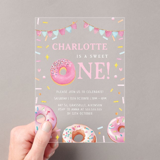 Sweet One Donut Pink First Birthday Party Acrylic Invitations (Insitu (Handheld))