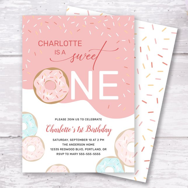 Sweet One Donut Pink Frosting Girl's 1st Birthday Invitation (Creator Uploaded)