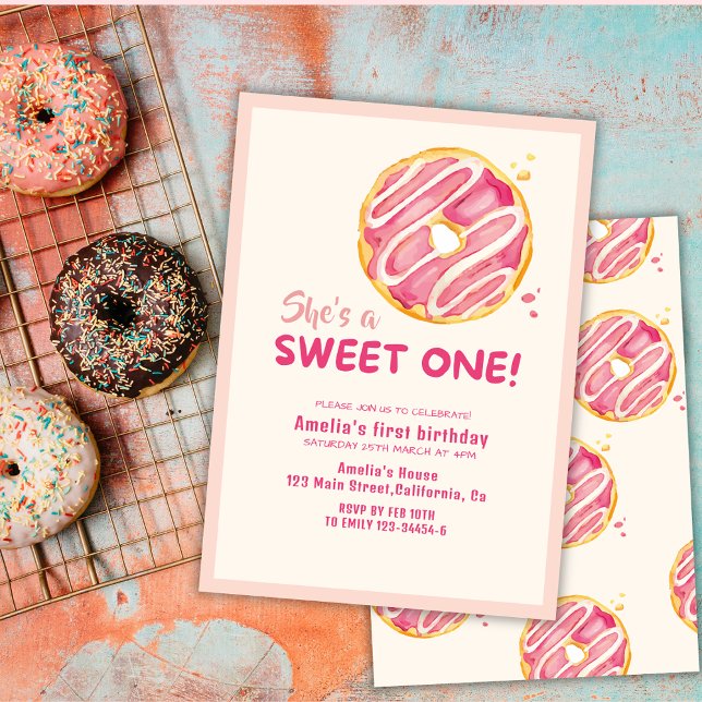 Sweet one donut pink girl first birthday invitation (Creator Uploaded)