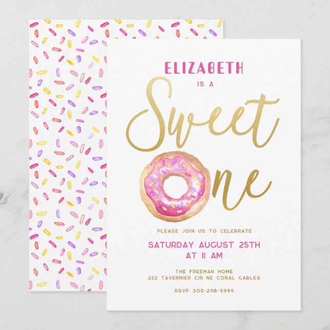 Sweet One Donut Sprinkle Girl 1st Birthday Invitation (Front/Back)