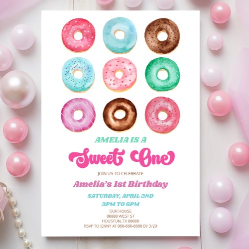 Sweet One Donut Sprinkles 1st Birthday Party Invitation