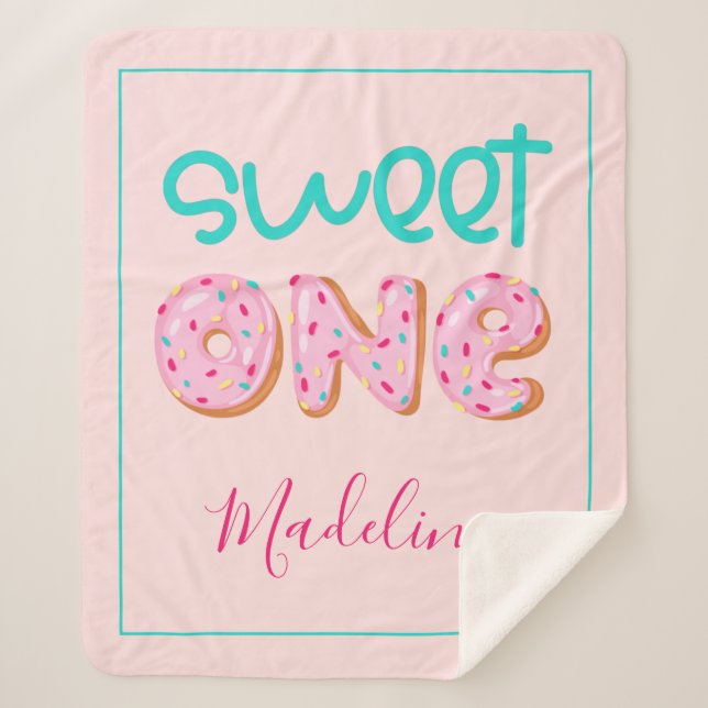 Sweet One Donut Sprinkles Design Personalized Baby Sherpa Blanket (Front)
