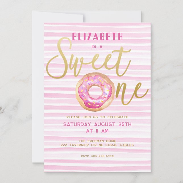 Sweet One Donut Stripe Pink 1st Birthday Invitation (Front)