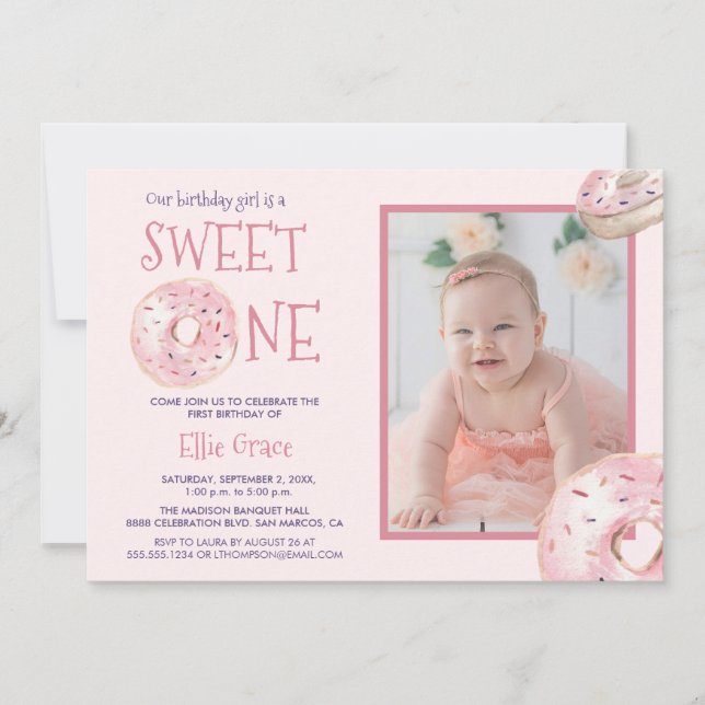 Sweet One Donut theme photo First birthday  Invitation (Front)