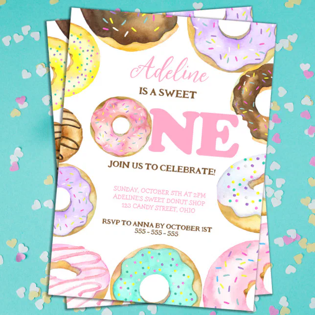 Sweet One Donuts 1st birthday Girl Watercolor Invitation | Zazzle