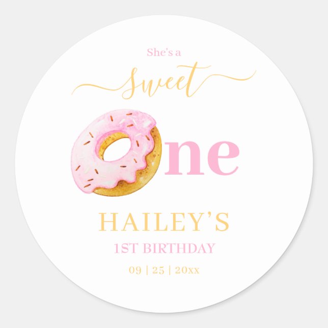 Sweet One Donuts Birthday Invitation, Girls 1st  Classic Round Sticker (Front)