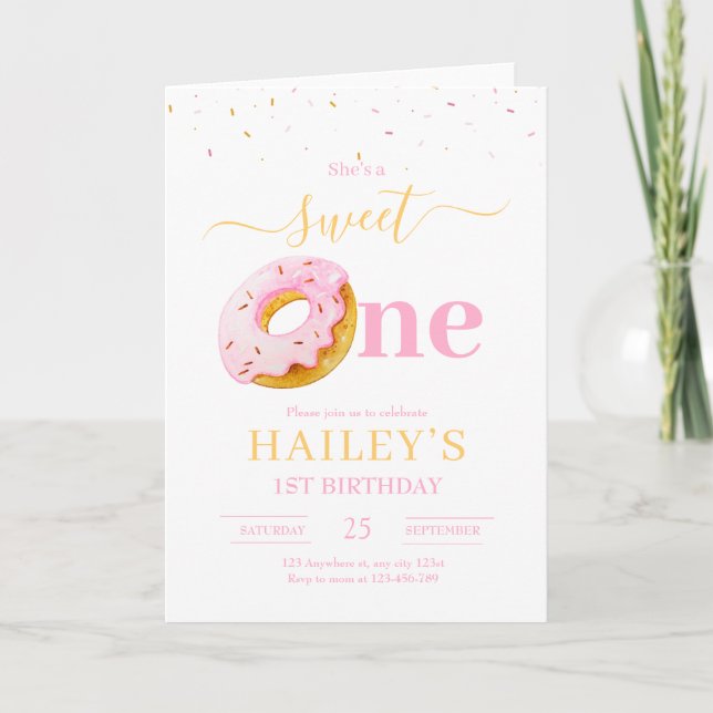 Sweet One Donuts Birthday Invitation, Girls 1st  Invitation (Front)