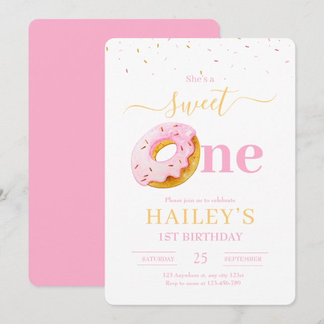 Sweet One Donuts Birthday Invitation, Girls 1st  Invitation (Front/Back)