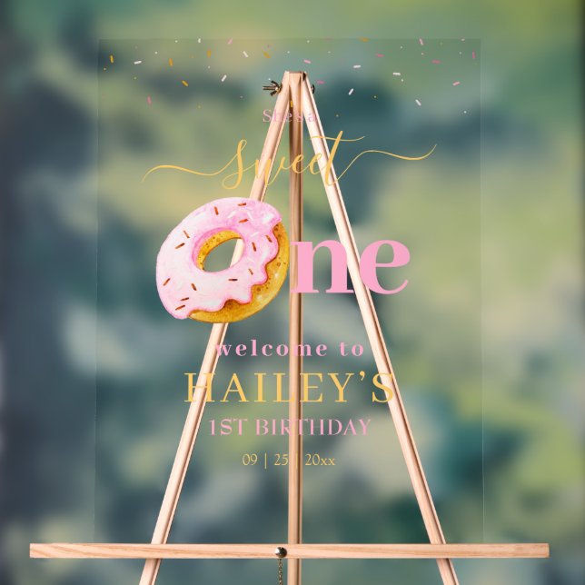 Sweet One Donuts Birthday Invitation, Pink Donuts Acrylic Sign (Neutral)